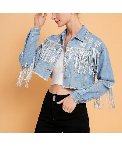 Women's Fringe Jean Jacket Crop Denim Jacket Lightweight Tassel Cropped Jean Cowgirls Jackets B-light Blue $19.80 Jackets