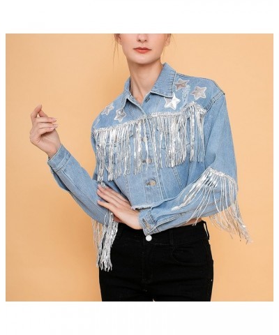 Women's Fringe Jean Jacket Crop Denim Jacket Lightweight Tassel Cropped Jean Cowgirls Jackets B-light Blue $19.80 Jackets