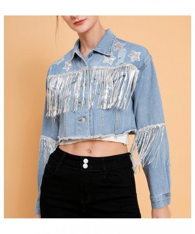 Women's Fringe Jean Jacket Crop Denim Jacket Lightweight Tassel Cropped Jean Cowgirls Jackets B-light Blue $19.80 Jackets