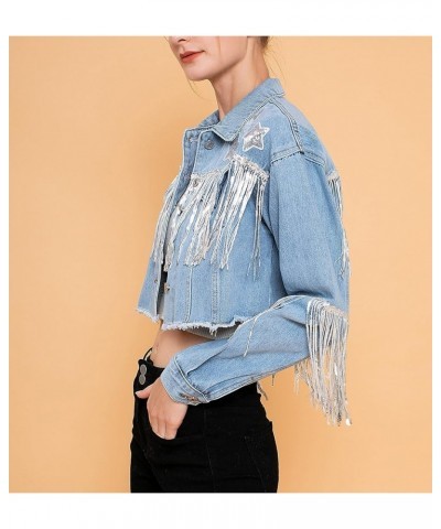 Women's Fringe Jean Jacket Crop Denim Jacket Lightweight Tassel Cropped Jean Cowgirls Jackets B-light Blue $19.80 Jackets