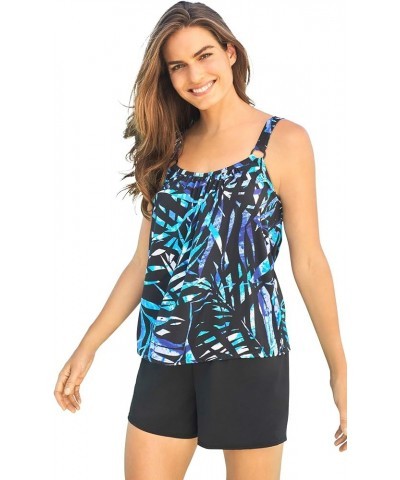 Women's Plus Size Tank Overlay Swim Romper Blue Painterly Leaves $38.82 Swimsuits