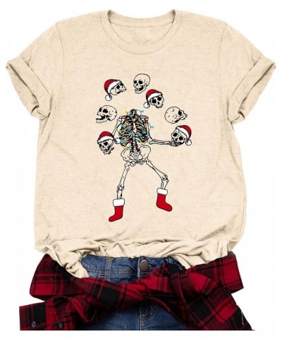 Dancing Skeleton Shirt for Women Christmas T-Shirt Xmas Skull Graphic Tees Holiday Tops Blouse Gift Beige $11.79 T-Shirts