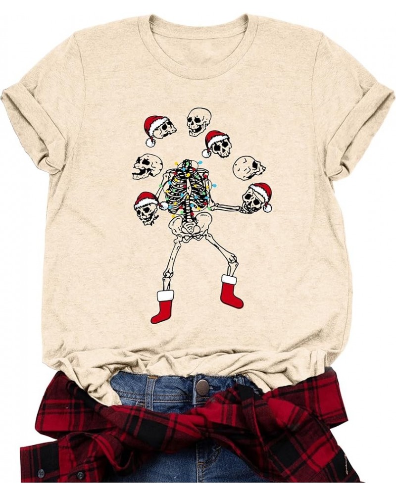 Dancing Skeleton Shirt for Women Christmas T-Shirt Xmas Skull Graphic Tees Holiday Tops Blouse Gift Beige $11.79 T-Shirts