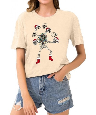 Dancing Skeleton Shirt for Women Christmas T-Shirt Xmas Skull Graphic Tees Holiday Tops Blouse Gift Beige $11.79 T-Shirts