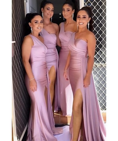 Women's One Shoulder Mermaid Bridesmaid Dresses Long Satin with Train Formal Evening Party Gowns with Slit Red $29.90 Dresses