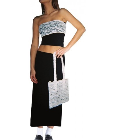 Women's 2 Piece Outfits Summer Strapless Wavy Striped Print Knit Tube Tops and Long Skirt Set Beachwear Black $11.04 Suits