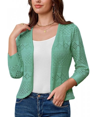 Women's Cardigans 3/4 Sleeve Open Front Cropped Cardigan Hollow Out Knit Shrugs for 2024 Summer Lake Blue $17.15 Sweaters