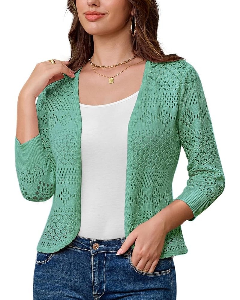 Women's Cardigans 3/4 Sleeve Open Front Cropped Cardigan Hollow Out Knit Shrugs for 2024 Summer Lake Blue $17.15 Sweaters