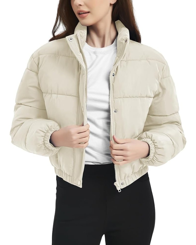 Women's Cropped Puffer Jacket Quilted Coat Baggy Puffer Short Down Outerwear with Pockets Z Beige $14.24 Jackets