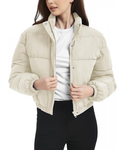 Women's Cropped Puffer Jacket Quilted Coat Baggy Puffer Short Down Outerwear with Pockets Z Beige $14.24 Jackets