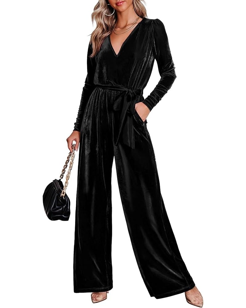 2023 Velvet Long Sleeve Wide Leg Jumpsuits for Women Dressy V Neck Belted Romper One Piece Fall Outfits with Pocket Black $24...