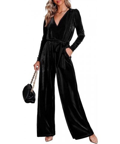 2023 Velvet Long Sleeve Wide Leg Jumpsuits for Women Dressy V Neck Belted Romper One Piece Fall Outfits with Pocket Black $24...