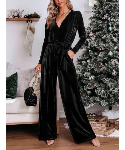 2023 Velvet Long Sleeve Wide Leg Jumpsuits for Women Dressy V Neck Belted Romper One Piece Fall Outfits with Pocket Black $24...