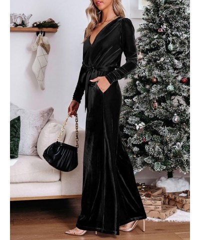 2023 Velvet Long Sleeve Wide Leg Jumpsuits for Women Dressy V Neck Belted Romper One Piece Fall Outfits with Pocket Black $24...