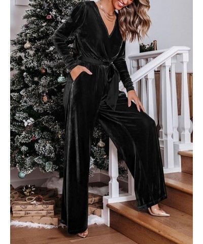 2023 Velvet Long Sleeve Wide Leg Jumpsuits for Women Dressy V Neck Belted Romper One Piece Fall Outfits with Pocket Black $24...