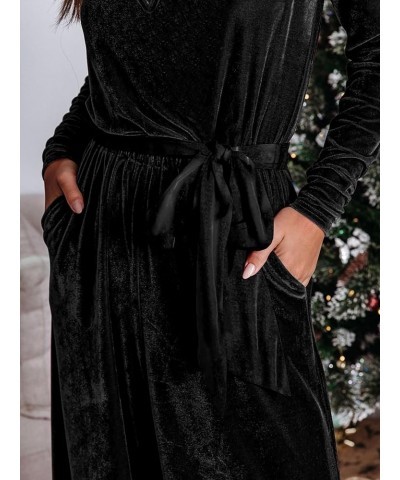 2023 Velvet Long Sleeve Wide Leg Jumpsuits for Women Dressy V Neck Belted Romper One Piece Fall Outfits with Pocket Black $24...