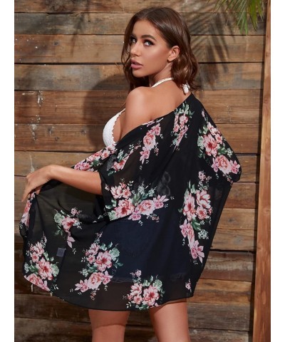 Women's Floral Open Front Chiffon Cardigan Half Sleeve Overiszed Kimono Cover Up Black $7.50 Sweaters