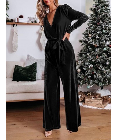 2023 Velvet Long Sleeve Wide Leg Jumpsuits for Women Dressy V Neck Belted Romper One Piece Fall Outfits with Pocket Black $24...