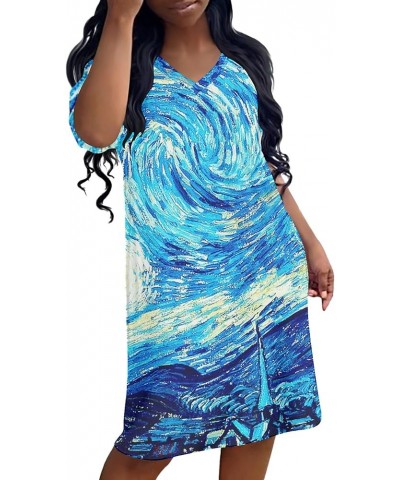 Women's Van Gogh Dress Plus Size V-Neck Short Sleeve Loose Tunic Dress Starry Night $10.82 Dresses