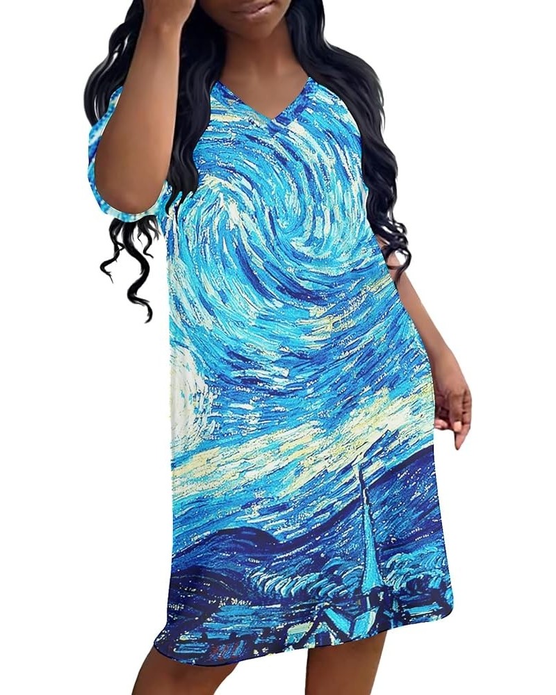 Women's Van Gogh Dress Plus Size V-Neck Short Sleeve Loose Tunic Dress Starry Night $10.82 Dresses