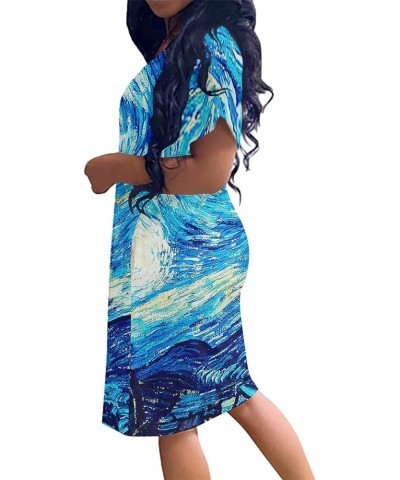 Women's Van Gogh Dress Plus Size V-Neck Short Sleeve Loose Tunic Dress Starry Night $10.82 Dresses