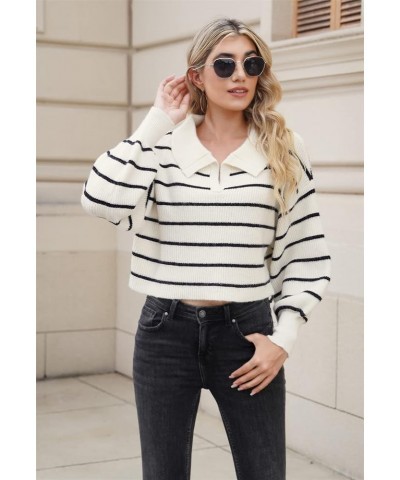 Women's V Neck Cropped Sweater Lantern Sleeve Ribbed Knit Lapel Collar Pullover Top Loose Fit Black and White $13.12 Sweaters