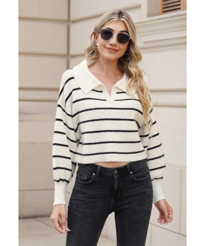 Women's V Neck Cropped Sweater Lantern Sleeve Ribbed Knit Lapel Collar Pullover Top Loose Fit Black and White $13.12 Sweaters