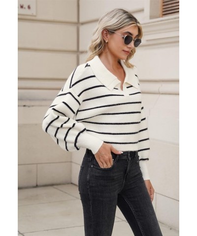 Women's V Neck Cropped Sweater Lantern Sleeve Ribbed Knit Lapel Collar Pullover Top Loose Fit Black and White $13.12 Sweaters