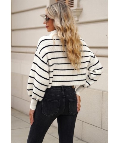 Women's V Neck Cropped Sweater Lantern Sleeve Ribbed Knit Lapel Collar Pullover Top Loose Fit Black and White $13.12 Sweaters