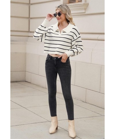 Women's V Neck Cropped Sweater Lantern Sleeve Ribbed Knit Lapel Collar Pullover Top Loose Fit Black and White $13.12 Sweaters