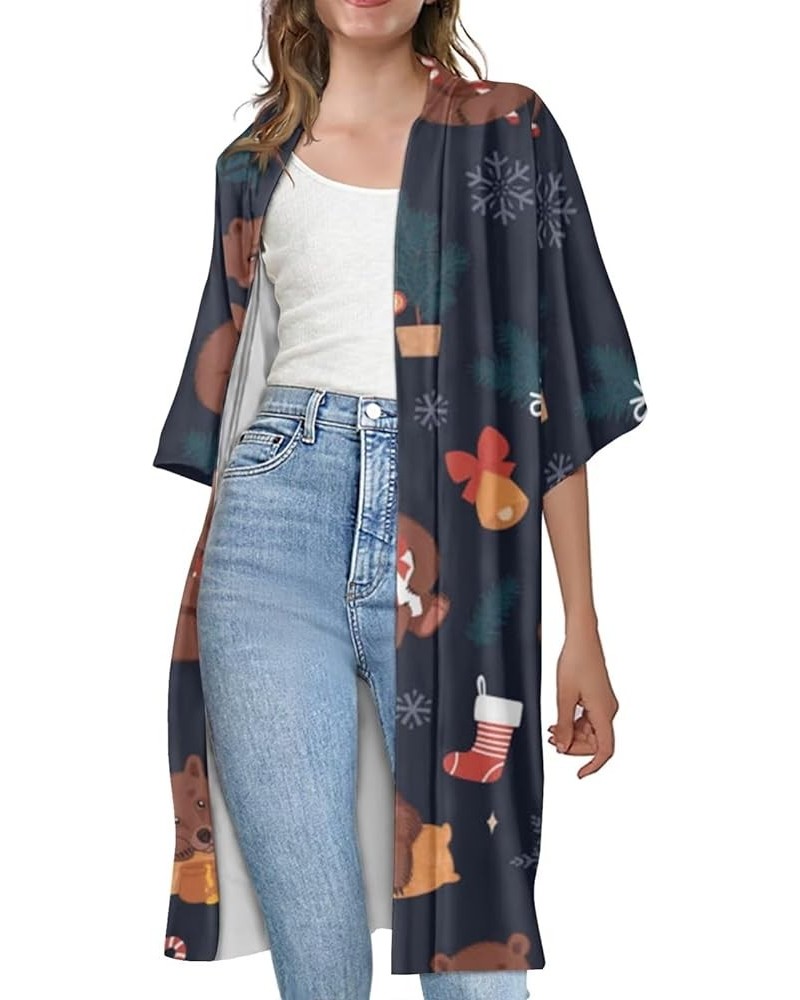 Women Summer Cardigan Casual Open Front Half Sleeve Loose Cover Ups Tops Kimono Plus Size Cartoon Christmas Bear $17.66 Swims...