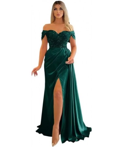 Off Shoulder Prom Dresses Long Mermaid Ball Gown 2023 Satin Beaded Slit Bridesmaid Formal Evening Dress for Women Emerald Gre...