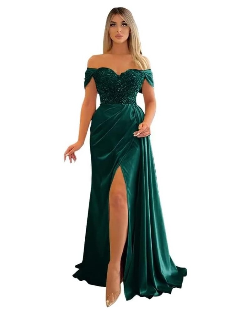 Off Shoulder Prom Dresses Long Mermaid Ball Gown 2023 Satin Beaded Slit Bridesmaid Formal Evening Dress for Women Emerald Gre...