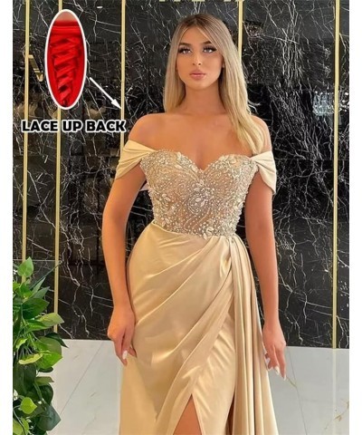 Off Shoulder Prom Dresses Long Mermaid Ball Gown 2023 Satin Beaded Slit Bridesmaid Formal Evening Dress for Women Emerald Gre...