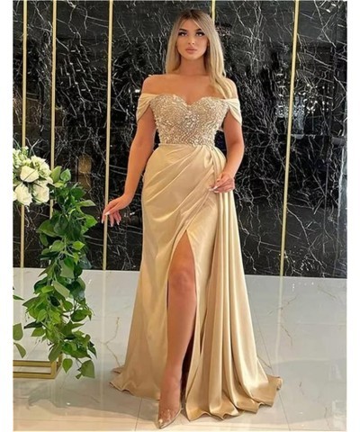 Off Shoulder Prom Dresses Long Mermaid Ball Gown 2023 Satin Beaded Slit Bridesmaid Formal Evening Dress for Women Emerald Gre...