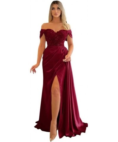 Off Shoulder Prom Dresses Long Mermaid Ball Gown 2023 Satin Beaded Slit Bridesmaid Formal Evening Dress for Women Emerald Gre...