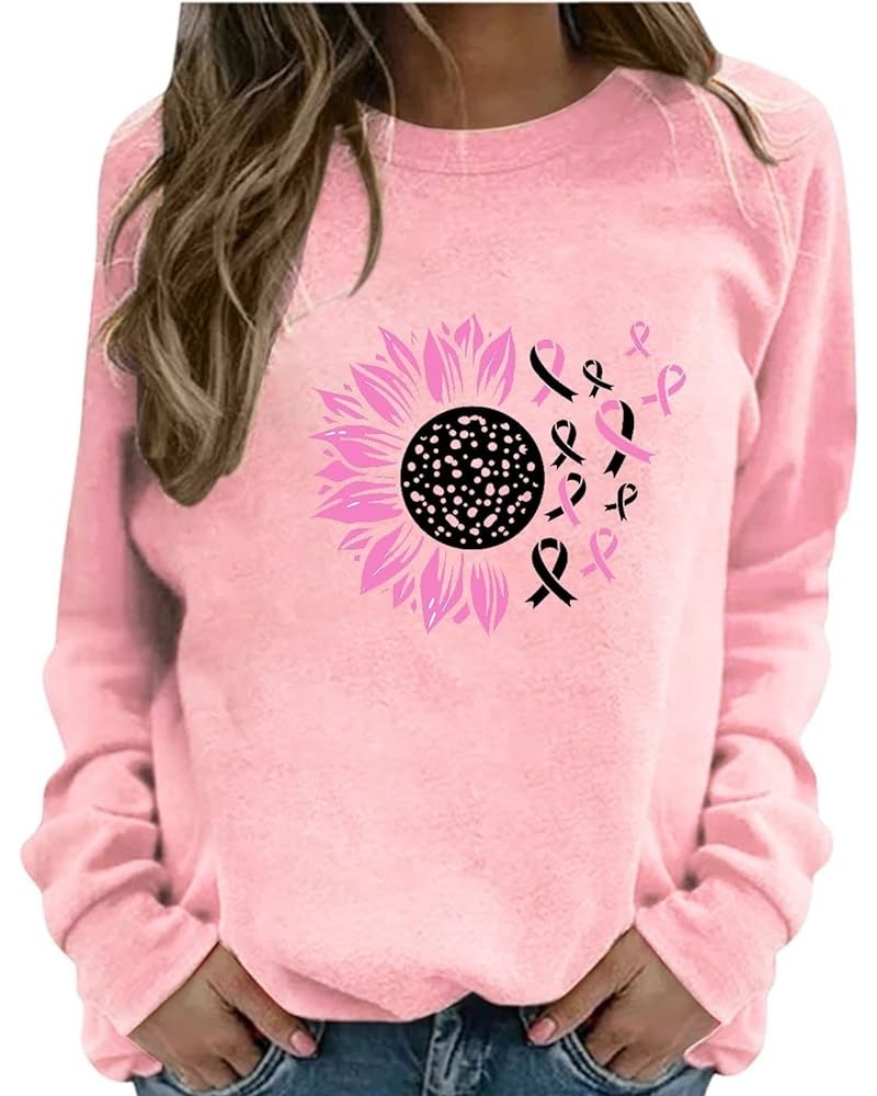 Breast Cancer Awareness Crewneck Sweatshirt for Women Floral Pink Ribbon Print Pullover Cute Tops Long Sleeve Shirts B02-pink...