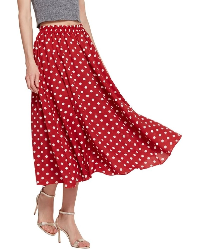 Women's Casual Contrast Polka Dot Chiffon Bohemia Swing Beach Midi A-Line Skirts Red $17.39 Skirts