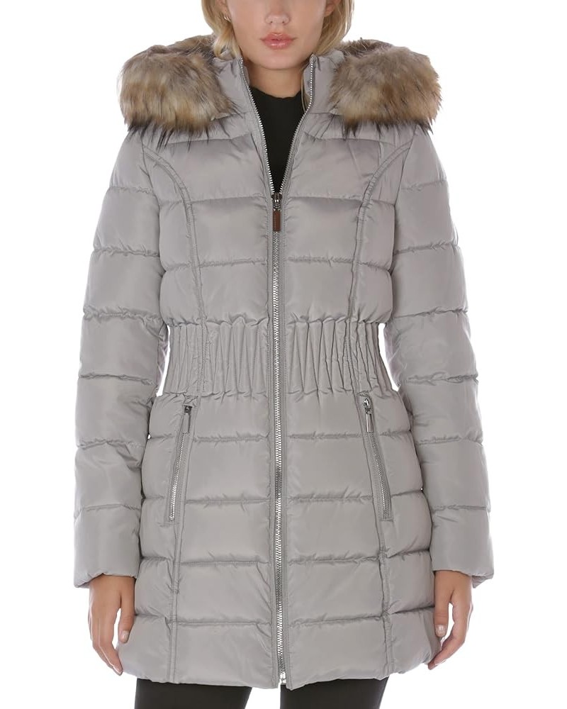 Women's 3/4 Puffer Jacket with Zig Zag Cinched Waist and Faux Fur Trim Hood Raw Silk $43.40 Jackets