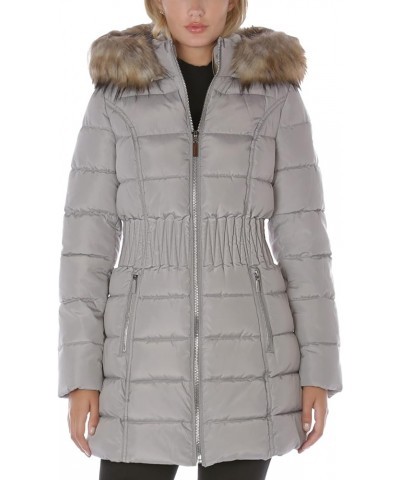 Women's 3/4 Puffer Jacket with Zig Zag Cinched Waist and Faux Fur Trim Hood Raw Silk $43.40 Jackets