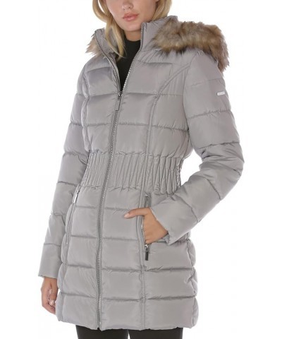 Women's 3/4 Puffer Jacket with Zig Zag Cinched Waist and Faux Fur Trim Hood Raw Silk $43.40 Jackets