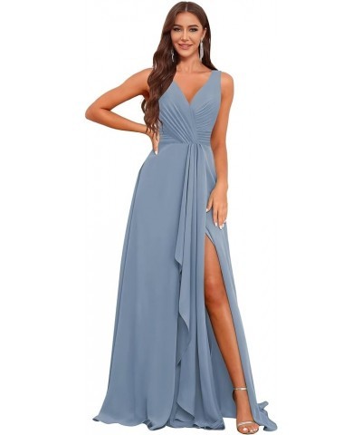 V Neck Long Bridesmaid Dresses for Women A Line Pleated Chiffon Ruffles Formal Evening Dresses with Slit Dusty Blue $25.49 Dr...