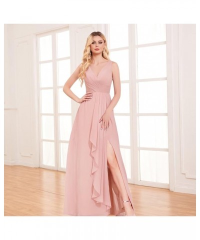 V Neck Long Bridesmaid Dresses for Women A Line Pleated Chiffon Ruffles Formal Evening Dresses with Slit Dusty Blue $25.49 Dr...