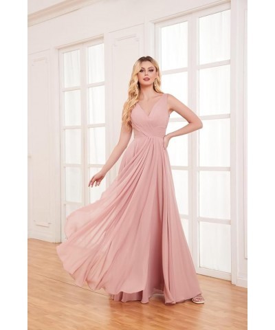 V Neck Long Bridesmaid Dresses for Women A Line Pleated Chiffon Ruffles Formal Evening Dresses with Slit Dusty Blue $25.49 Dr...