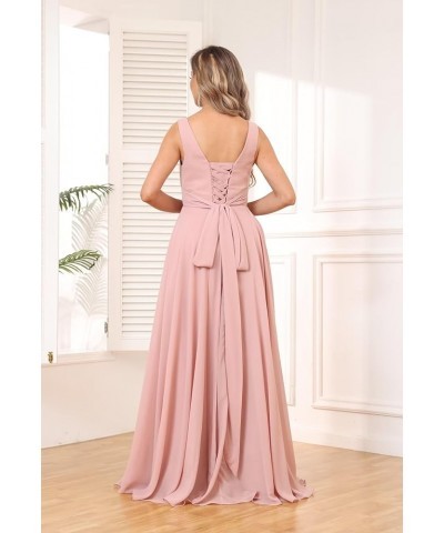 V Neck Long Bridesmaid Dresses for Women A Line Pleated Chiffon Ruffles Formal Evening Dresses with Slit Dusty Blue $25.49 Dr...