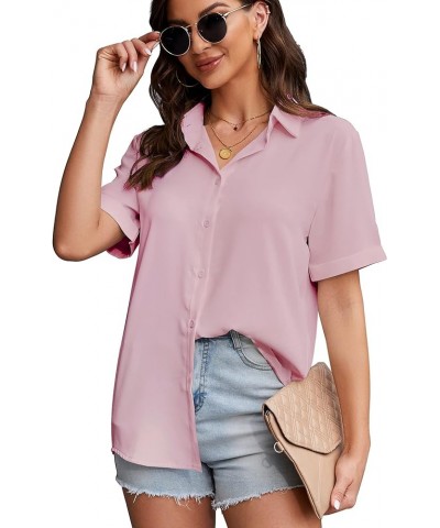 Women's Button Down Shirt Short Sleeve Collared Tops Work Office Chiffon Blouse Pink $14.40 Blouses