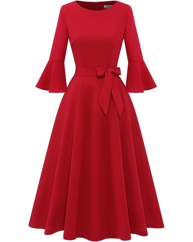 Women's Elegant Bell Sleeve Cocktail Party Dresses for Wedding Guest Fit and Flare Modest Church Midi Evening Dress Red $23.4...