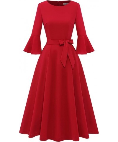 Women's Elegant Bell Sleeve Cocktail Party Dresses for Wedding Guest Fit and Flare Modest Church Midi Evening Dress Red $23.4...