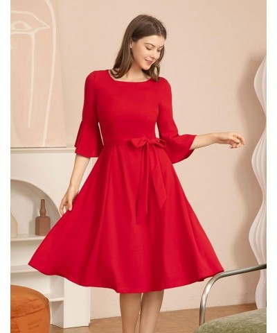 Women's Elegant Bell Sleeve Cocktail Party Dresses for Wedding Guest Fit and Flare Modest Church Midi Evening Dress Red $23.4...