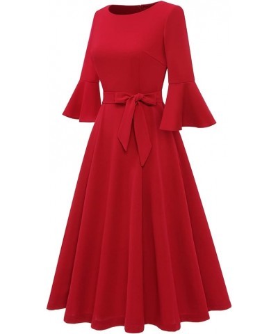 Women's Elegant Bell Sleeve Cocktail Party Dresses for Wedding Guest Fit and Flare Modest Church Midi Evening Dress Red $23.4...